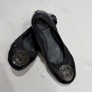 Tory Burch Black Leather Flats with Gold Logo